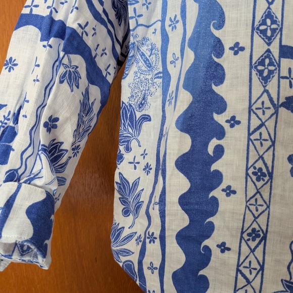 Joie Blue and White Button Down Coastal 100% Linen Shirt Large - Picture 2 of 7